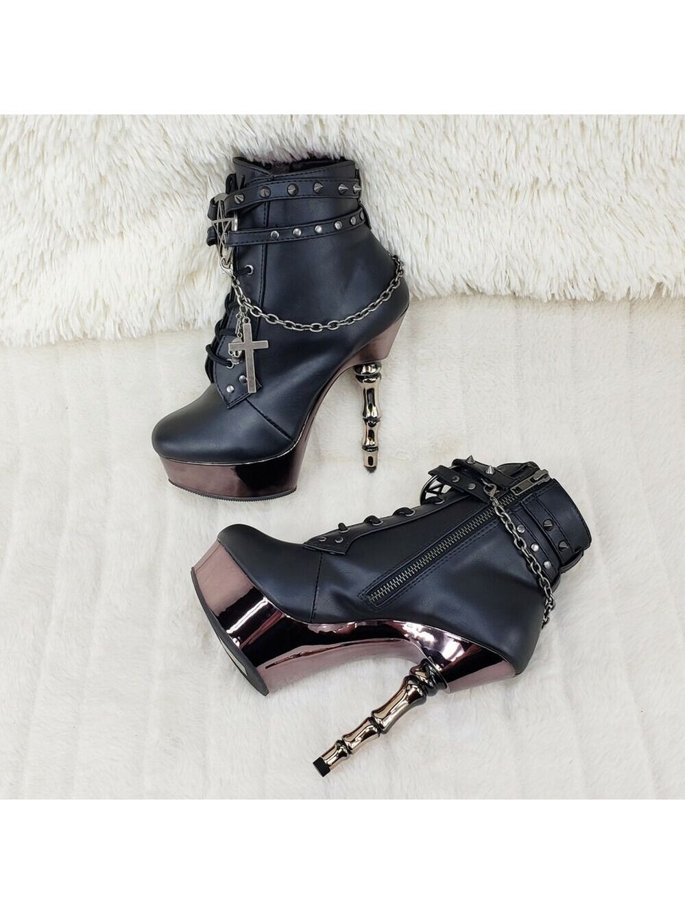 NIB MUERTO 1001 Finger Bone Heel Platform Biker Ankle Boots Charm Chain - Picture 5 of 12